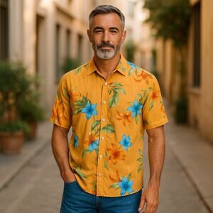 Tommy Bahama Mens Shirt Sz L Orange Yellow Gold Blue Green Silk Hibiscus Button
